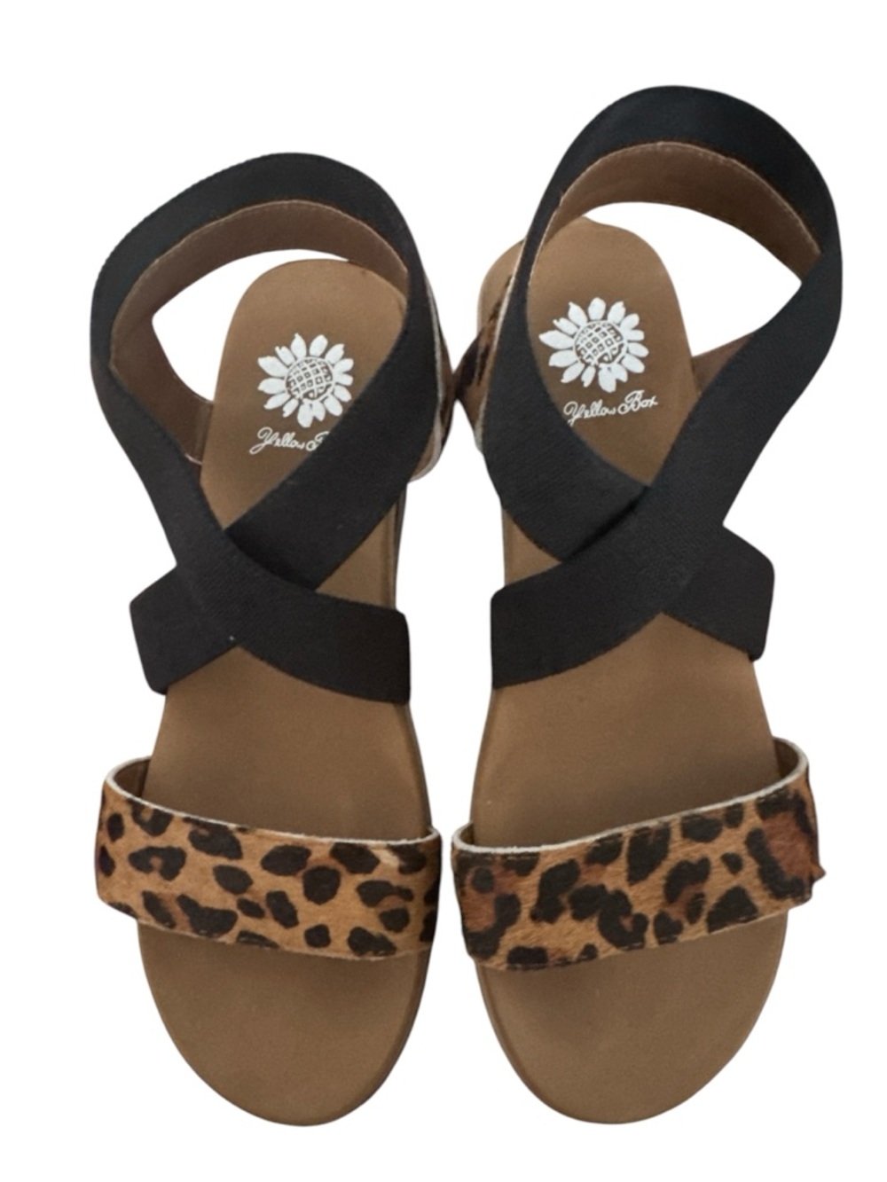Yellow Box Leopard Toe Strap with Black Cross-Strap Sandals